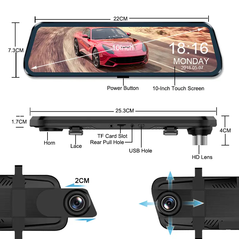 新款高清 2K 全 10 英寸触摸屏后视镜双通道夜视摄像头 dvr wifi 行车记录仪 4k
