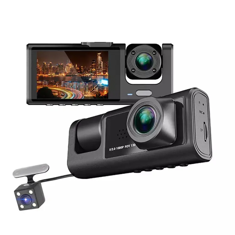 汽车 Dvr 行车记录仪三镜头 3 通道摄像头后视 Fhd 1080p 2 英寸汽车录像机