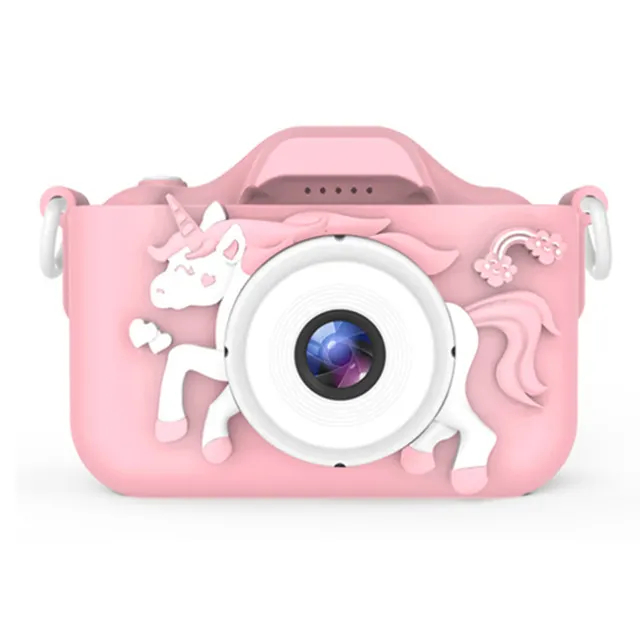 可爱独角兽形状 2.0 英寸 12MP 数码双镜头儿童粉色相机 1080p 带挂绳打印相机适合儿童相机礼物