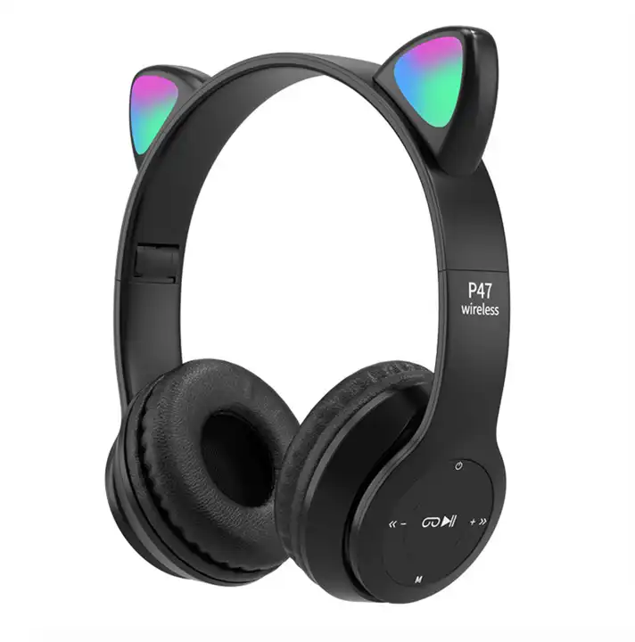 P47m 粉色猫耳无线耳机 BT 耳机包耳式游戏耳机适用于电脑带 LED 灯 9D Hifi