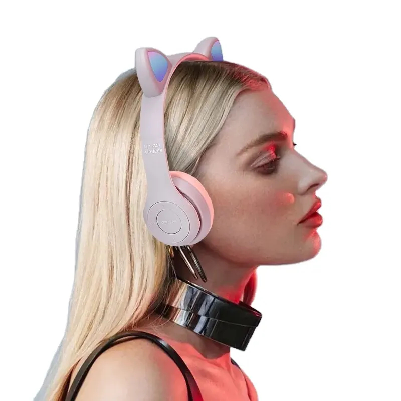 New Gadgets 2023 Electronics P47 Pink LED Cat Ear Headphones Wireless Blue tooth Earphone Earbuds Over Ear Headset for Kids Gift